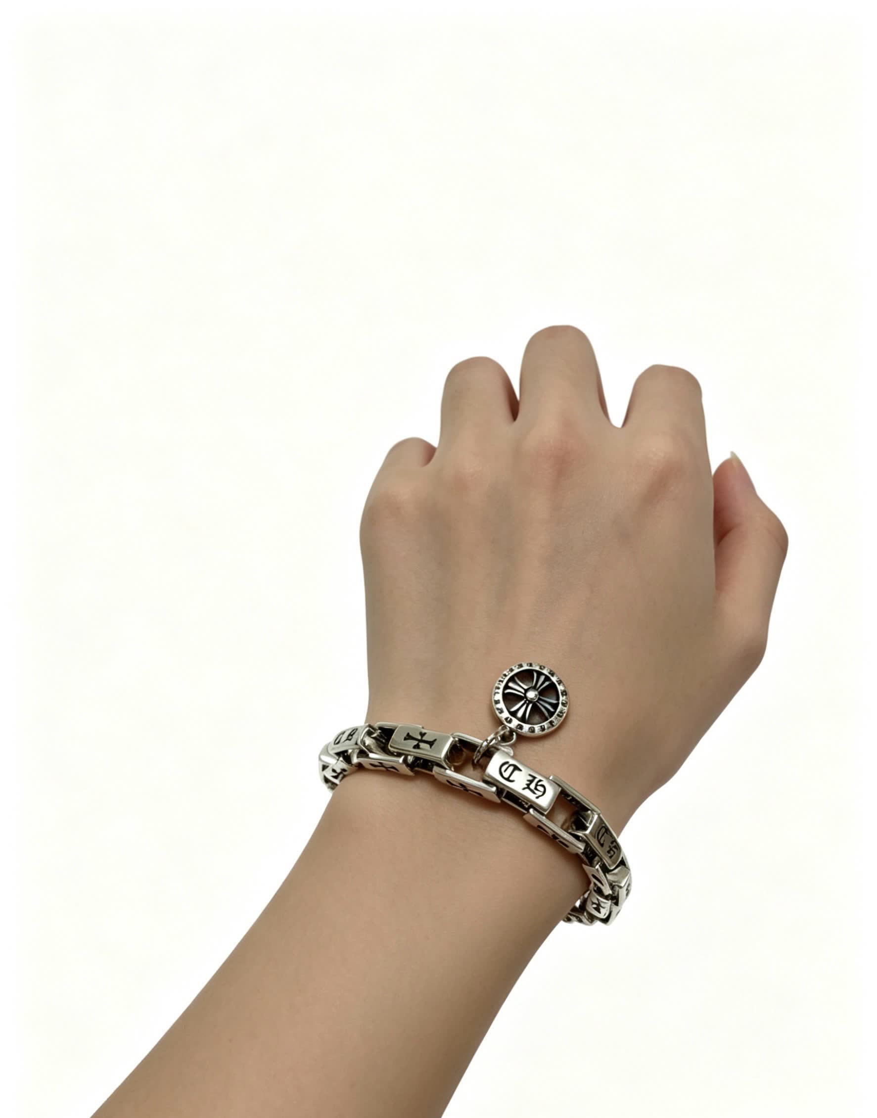 Chrome Hearts Silver Bracelet with Crosses and Wheel Charm